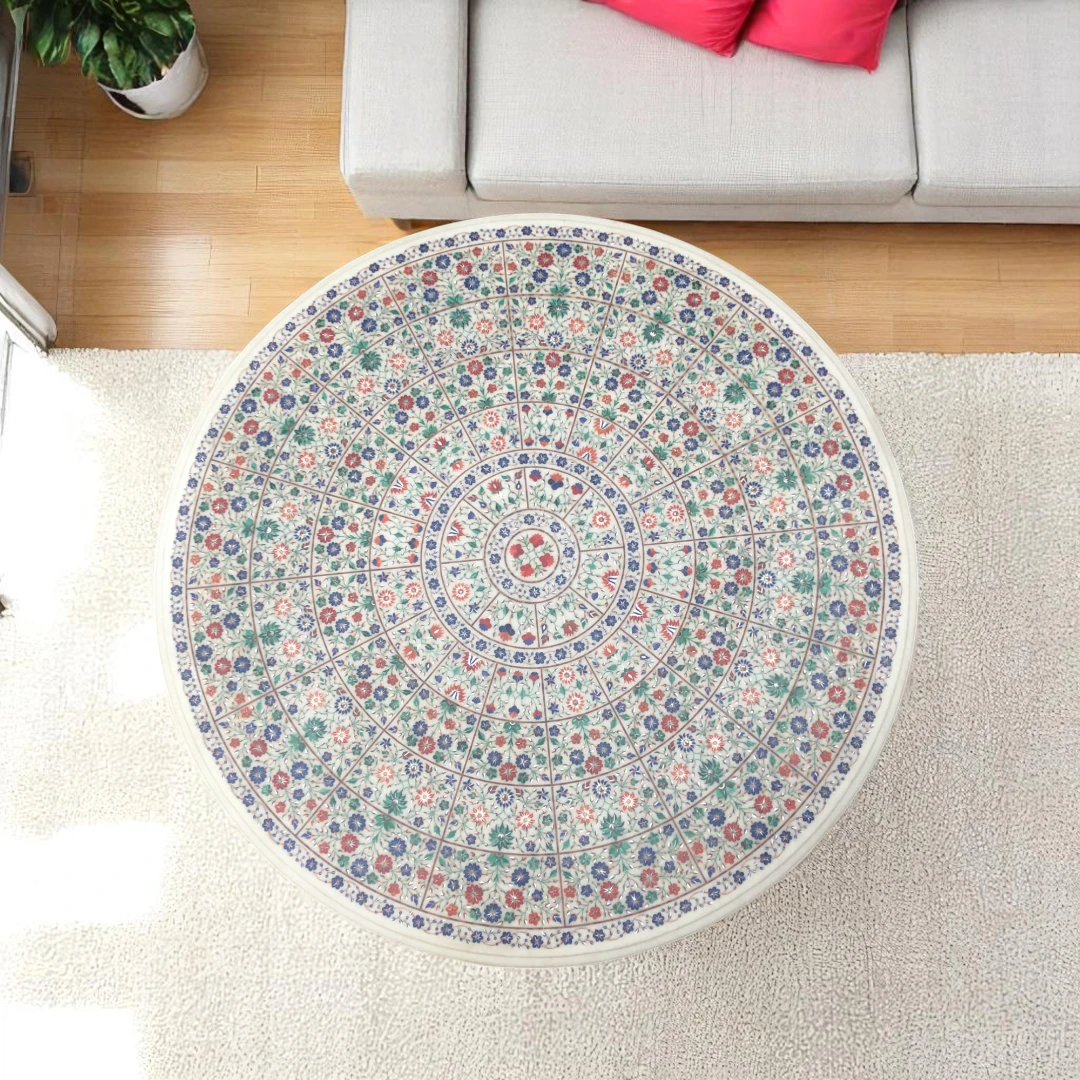 Round Marble Dining Table with Multi Semi-Precious Gemstones